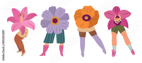 Creative Floral Head and Legs Vector Illustration. Whimsical figures with flowers for heads and stylishly dressed legs.