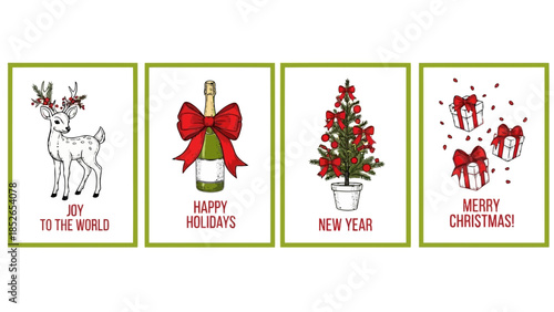 Collection of vintage hand drawn christmas holiday icons isolated on white background