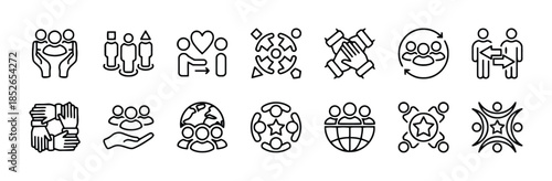Collaborative line icons collection showing people holding hands, group interaction, global community, partnership, teamwork, and user exchange for various concepts