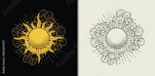 Engraved hand drawn sun with crescent moon in the sky with clouds and stars