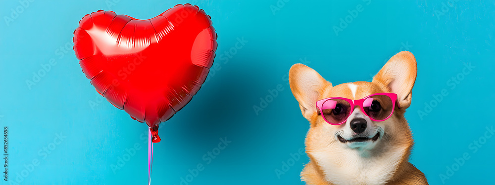 Fototapeta premium A corgi wearing glasses sits next to a red heart-shaped balloon against a blue studio backdrop, creating a bright, friendly, and festive visual image