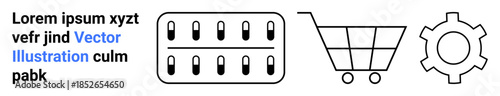 Shopping cart, pill blister pack, and gear representing online shopping, pharmaceuticals, and productivity. Ideal for e-commerce, healthcare, pharmacy, automation logistics manufacturing simple
