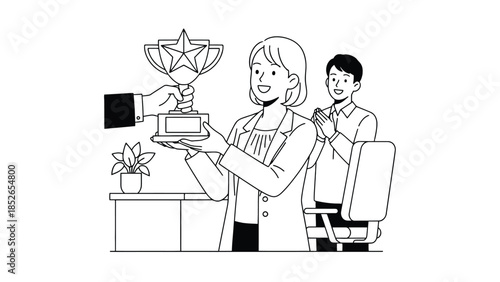 Woman receives trophy from colleague in celebration of achievement, with another person clapping.