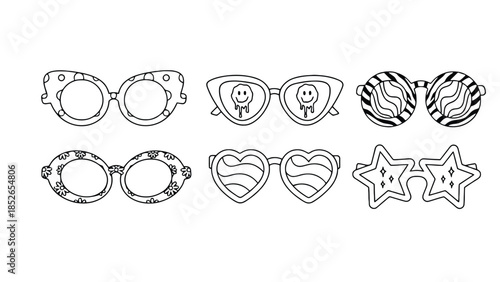 Whimsical collection of fun, decorative sunglasses with playful shapes and patterns