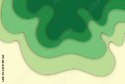 Layered organic shapes in gradients of green with soft shadows suggesting natural landscape or fluid layers