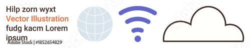 Digital communication, global connection, cloud computing, data sharing, networking, online technology. Blue wireless icon, globe and cloud icons on a white background. Global connection and cloud