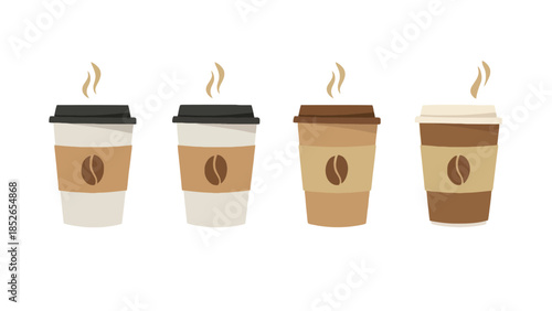 Four steaming paper coffee cups with lids and sleeves, ready for a warm beverage.
