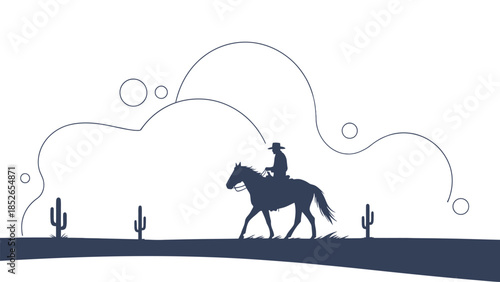 Lone cowboy rides horse through sparse desert landscape with stylized clouds