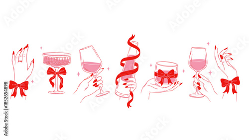 Elegant hands holding celebratory gifts and drinks, adorned with festive red bows and ribbons.