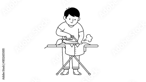Young boy diligently ironing a shirt on a board with steam rising