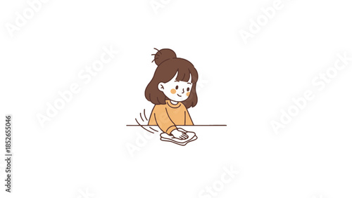 Young girl diligently cleaning a surface with a cloth, with a happy expression.