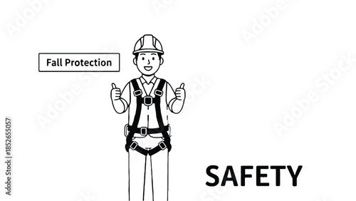 Worker in safety harness gives thumbs up, emphasizing fall protection and workplace safety.