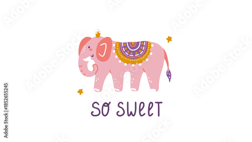 Charming pink elephant with decorative blanket and crown, exuding sweetness and joy
