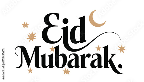 Eid Mubarak greeting with crescent moon and stars on white background