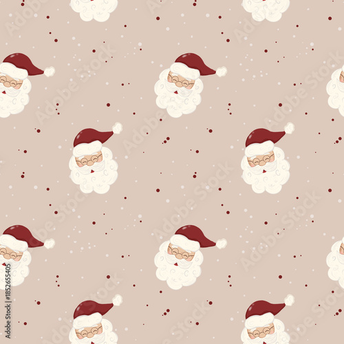 Pattern of Santa faces with red hats and white beards on a light brown background during winter season