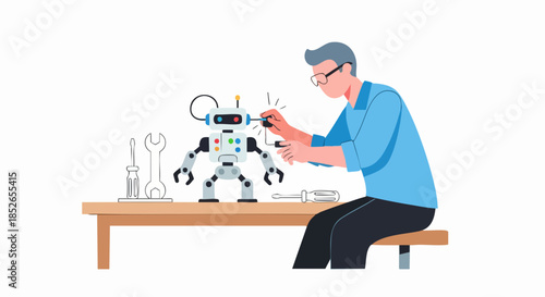 Engineer assembling a humanoid robot on a workbench with tools.
