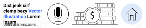 Business, finance, technology, communication, real estate, investment. Black microphone, coin stack with dollar sign and house icon against white background. Finance and real estate concepts
