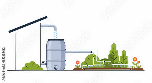 Rainwater harvesting system collecting water from roof for garden irrigation.