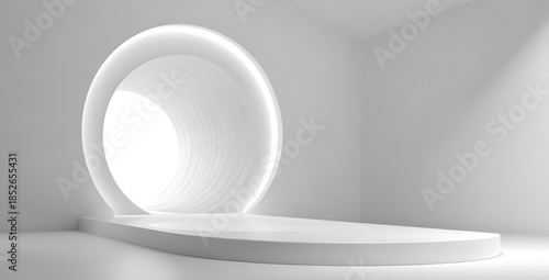 Minimalist white podium with soft oval light arch and subtle shadows creating an elegant and clean display for product presentation and advertising concepts