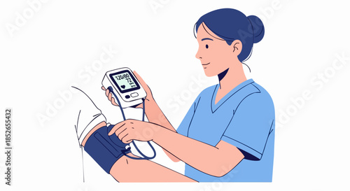 Nurse Taking Blood Pressure with Digital Monitor on Patients Arm.