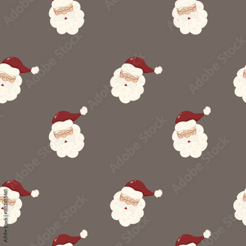 Santa Claus faces with red hats in a repeating pattern on a gray background during the holiday season
