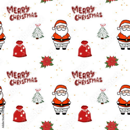 Christmas pattern with Santa Claus, trees, and holiday decorations on a light background