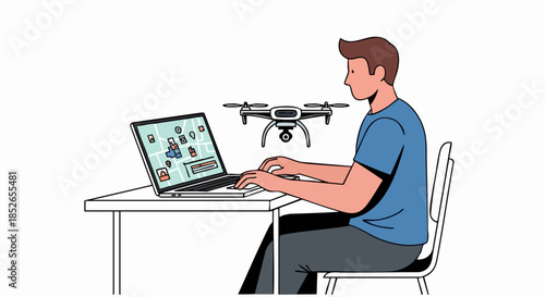 Man operating drone with laptop computer for aerial surveillance and data collection.