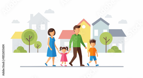 Happy Family Walking Together in a Suburban Neighborhood Illustration.