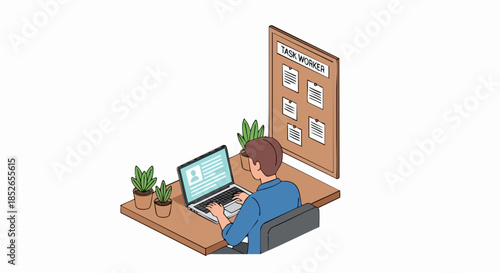 Isometric Illustration of a Person Working at a Desk with Laptop and Bulletin Board.