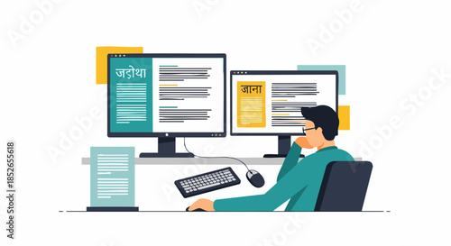 Man Working at Dual Monitors with Keyboard and Mouse, Focused on Work.