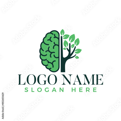 Modern Flat Green Vector Logo of a Brain and Tree Silhouette Symbolizing the Fusion of Human Mind and Natural Growth