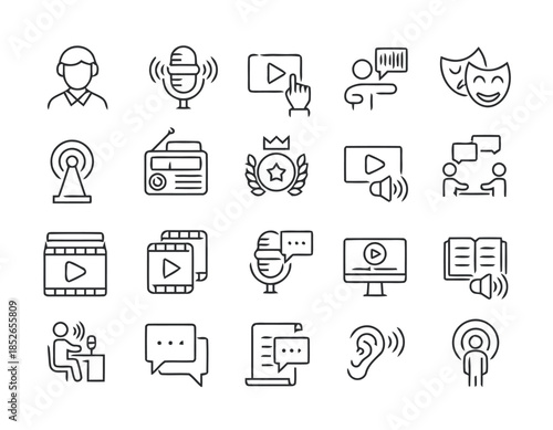 Collection of Audio and Podcast Icons in Outline Style Featuring Microphone Podcast Radio Antenna Crown Award Broadcasting Media Streaming Communication
