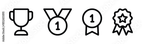 Collection of Award Icons Featuring Trophy, Medals, and Ribbons in Outline Style for Achievement, Recognition, Competition, Success, Victory, Championship and Excellence