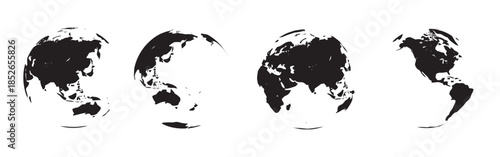 Collection of Black and White Globes From Different Angles With Continents and Oceans Vector Illustration