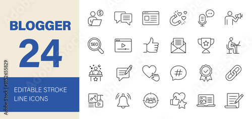 Collection of blogger editable stroke line icons on isolated background with digital social media network internet content creator influencer online community for web