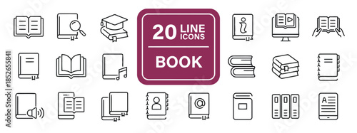 Collection of Book Line Icons Such as Open Book Magnifying Glass Education Ebook Audiobook Information Online Library Pile Binding School Education Study Reading Vector