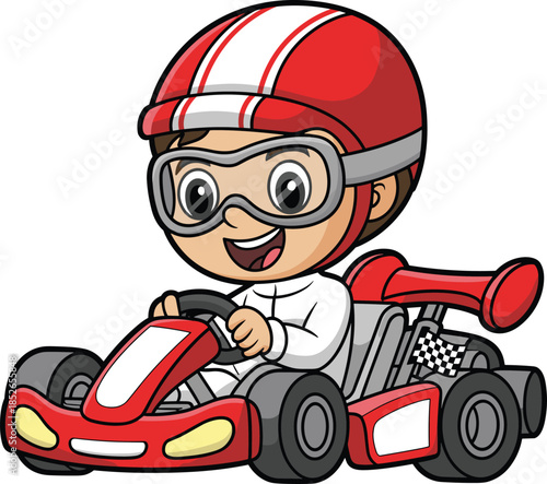 Happy cartoon kid racing go kart illustration with helmet goggles smiling child driver vector design for kids games posters prints