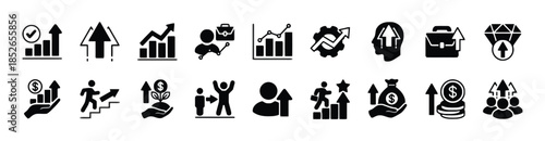 Collection of business growth and success icons in black solid style, depicting upward trends, career development, financial gains, and professional achievement on white background