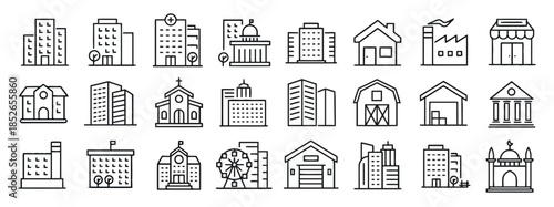 Collection of Buildings Icons on White Background Vector Set City Hospital Government Factory Store School Architecture Church Skyscraper Barn Hangar University Shopping Mall and Others