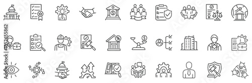 Collection of Business and Legal Line Icons Representing Corporate Governance Agreements and Law Each Icon Showcases Essential Elements for Business Applications