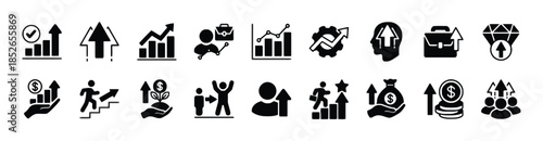 Collection of business growth and success icons in black solid style, depicting upward trends, career development, financial gains, and professional achievement on white background