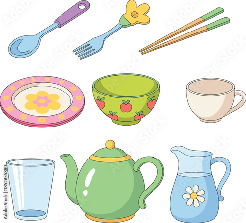 Colorful kitchen utensils and tableware illustration set with spoon fork chopsticks plates cups teapot pitcher vector for home dining design