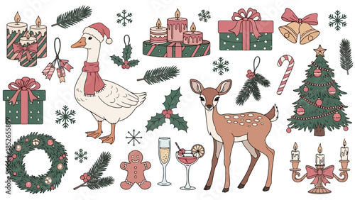 Collection of vintage hand drawn christmas holiday icons isolated on white background