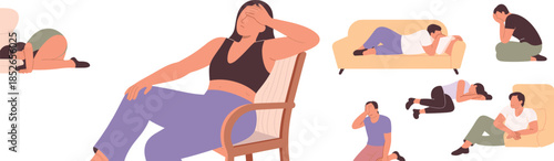 Stressed people illustration set showing anxiety depression burnout sadness mental health concepts exhausted men and women vector design for therapy