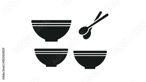 Simple black bowls and chopsticks icon set