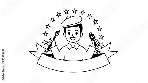 Cheerful artist with paintbrushes and starry background