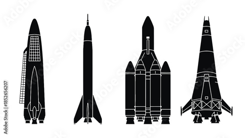 Four different rocket designs in black and white