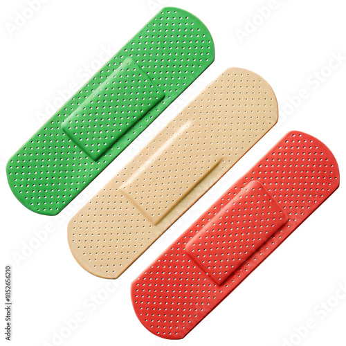 Band-aids in green, beige, and red with perforated texture isolated on white background