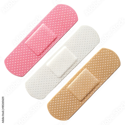 Band-aids in pink, white, and tan colors with perforated texture isolated on white background