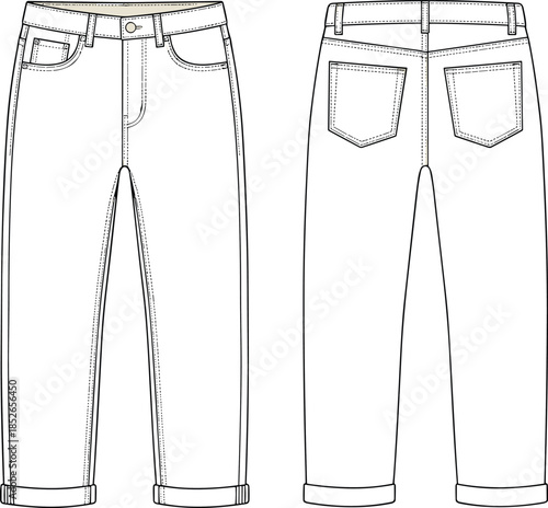Straight leg jeans technical drawing, front back views, classic denim pants apparel outline vector illustration for fashion design